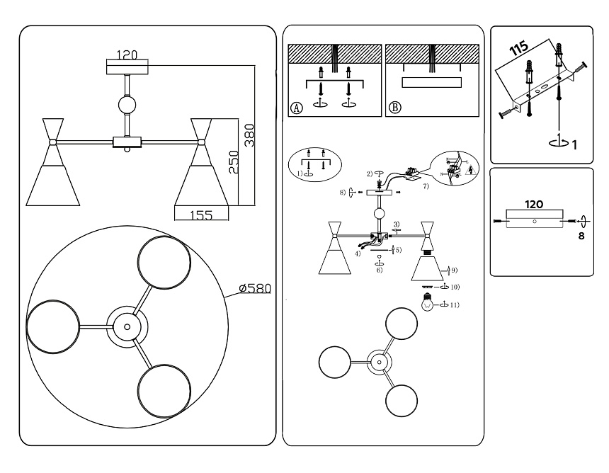 TR3164/3 WH/BK белый/черный E27/3 max 60W D580*380